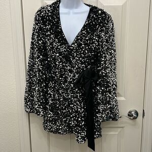 Extro&Vert Women Shorts Romper Sz Small Black Sparkly Silver Sequins Velvet Club